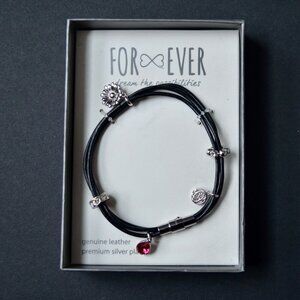 For Ever Genuine Leather Silver Plate Heart Wrap Bracelet New
